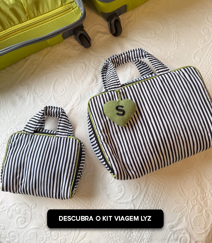 Organizador de Mala Trio Cora e Kit Viagem Lyz da Frika's utilizados por Sophia Catalogne em viagem ao Chile