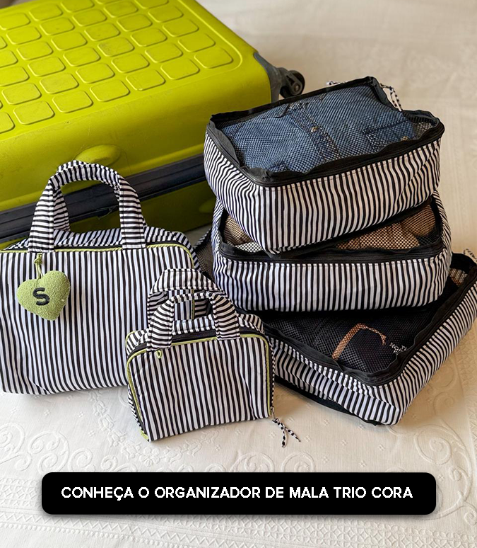 Organizador de Mala Trio Cora e Kit Viagem Lyz da Frika's utilizados por Sophia Catalogne em viagem ao Chile